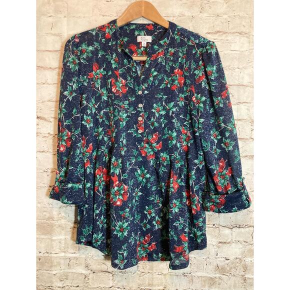 Kim Rogers Popover Top Womens Medium Glitter Holly Christmas Print Roll Tab - Picture 1 of 13